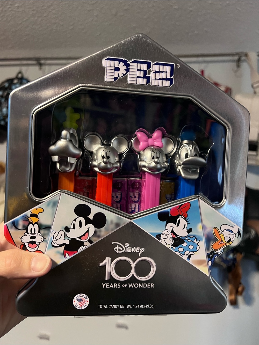 Disney Silver-Head PEZ Dispenser Tin with Orange, Red, Pink & Blue Stems